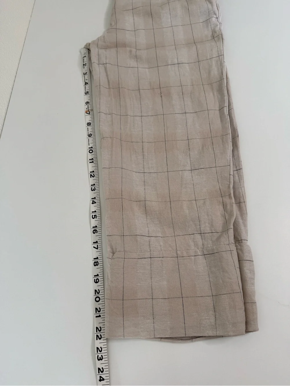 Zara Plaid Window Pain Cropped Cotton Linen Blend Pants-Cream Navy-Size Small